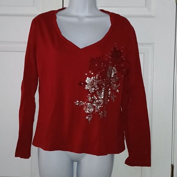 New York & Company red silver black floral front long sleeve shirt  Sz L EUC - Picture 1 of 5
